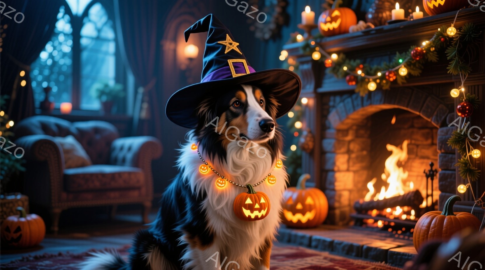 黒と白の毛並みを持つ美しいボーダーコリーが、ハロウィーンをテーマにした装飾が施された暖かいリビングルームに座っています。黒い魔女帽子をかぶり、オレンジ色のカボチャの飾り付きの首輪をしています。暖炉の炎 - AI生成フリー素材