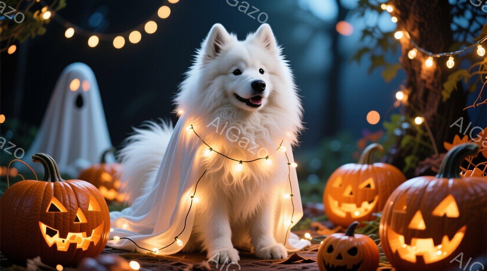 白い毛並みの大きな犬が、ハロウィーンの飾り付けの中で座っています。犬は白い布をマントのように羽織り、周りにはジャック・オ・ランタンとオレンジ色の光のイルミネーションが散りばめられています。背景は暗い自 - AI生成フリー素材