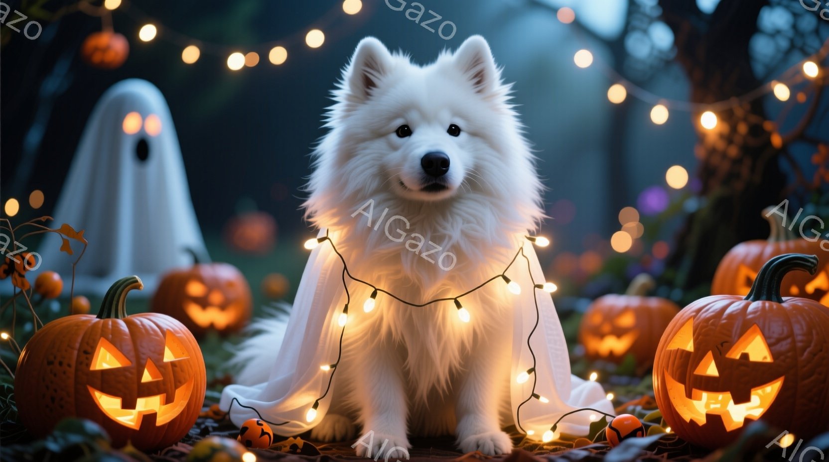 白い毛並みの大きな犬が、ハロウィーンの装飾に囲まれて座っています。犬は白い布を肩にかけ、オレンジ色の光のガーランドが体を巻き付けています。背景にはジャック・オー・ランタンや幽霊が配置され、全体的に温か - AI生成フリー素材