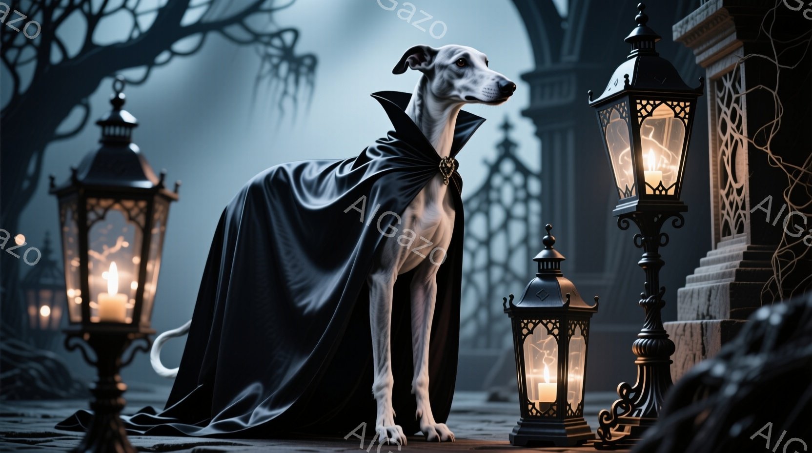 細長い犬が黒いマントを羽織り、まるで高貴なヴァンパイアのようになっています。犬はまっすぐ前を見ており、その表情はどこか物憂げで、気品に満ちています。背景には、古びた石造りの建造物と、ぼんやりと光るラン - AI生成フリー素材