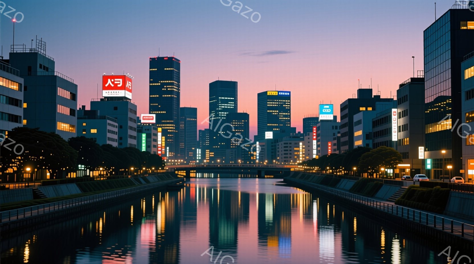 穏やかな夕暮れ時、都市を流れる川が光を反射し、まるで鏡のように美しい光景が広がっています。高層ビル群が夕焼け空にシルエットとなり、川面に映る光と合わさり、幻想的な雰囲気を醸し出しています。街路樹が川沿 - AI生成フリー素材