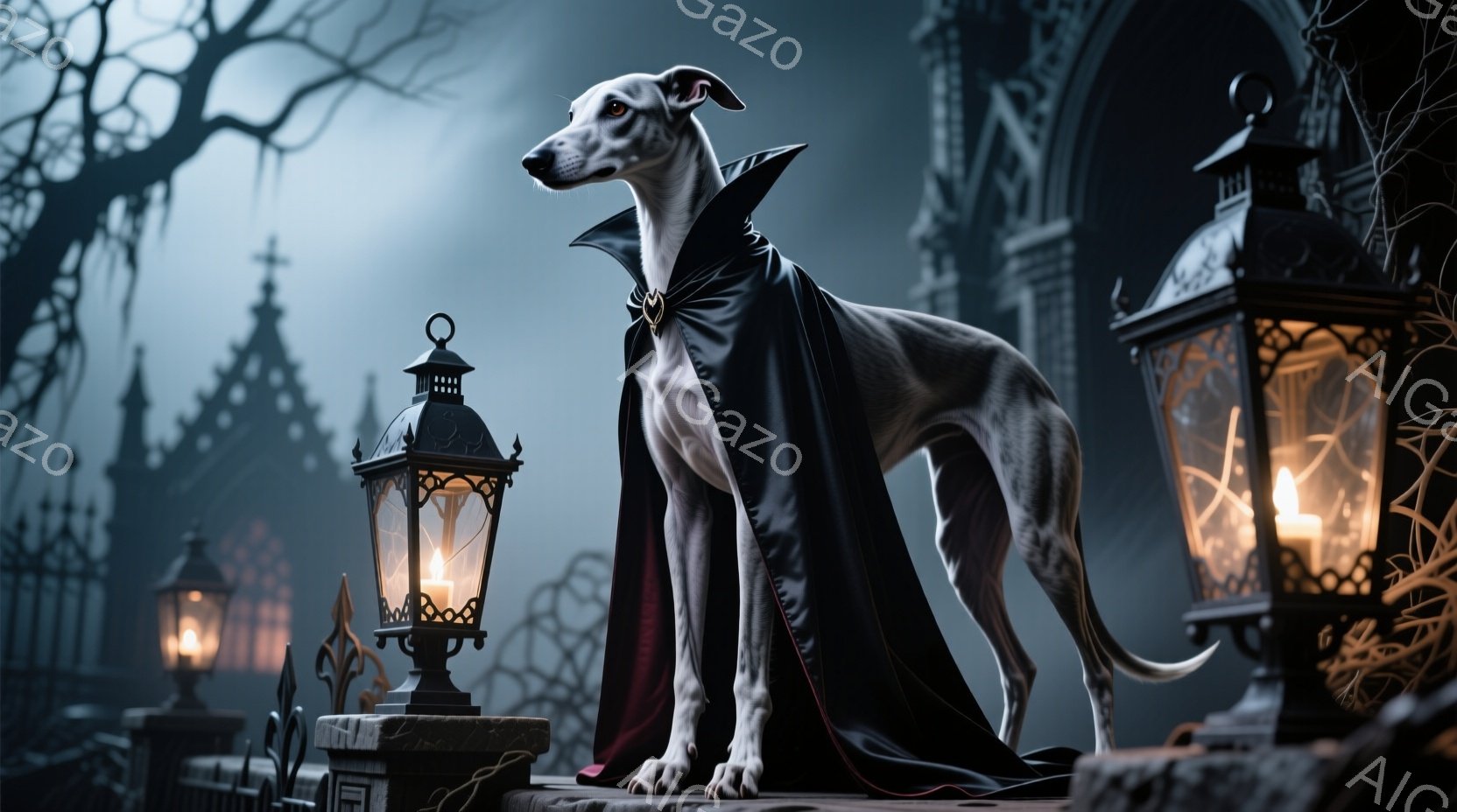 白い毛並みを持つグレイハウンドが、黒いマントを羽織って立っている。背景にはゴシック様式の建物や鉄柵、そしてぼんやりとした街灯が見え、薄暗く神秘的な雰囲気を醸し出している。マントをまとったグレイハウンド - AI生成フリー素材