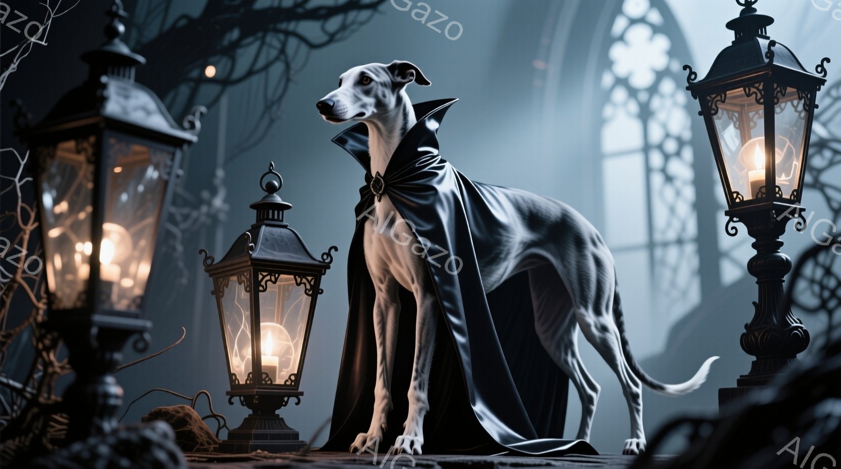 白い毛並みを持つグレイハウンドが、黒いマントを羽織って立っている。背景にはゴシック様式の窓と、点灯したランタンが配置され、薄暗く幻想的な雰囲気を醸し出している。犬は威厳のある姿勢で、どこか物憂げな表情 - AI生成フリー素材