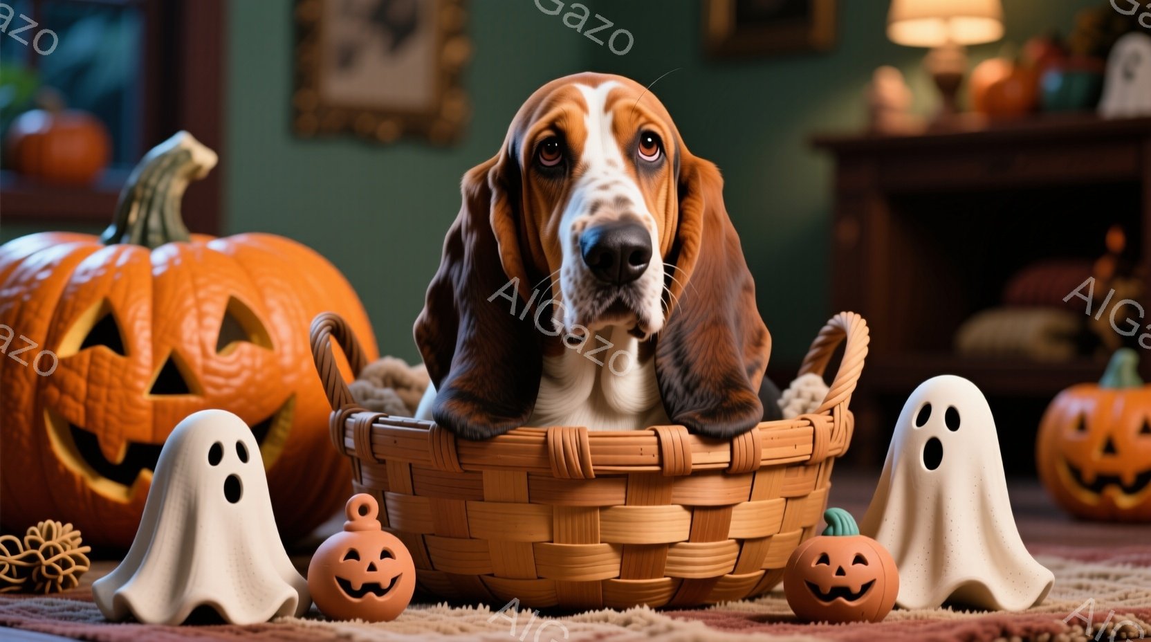 かぼちゃの彫刻と幽霊の置物が置かれたバスケットの中に、ブラッドハウンドが座っています。犬は落ち着いた表情でカメラを見つめ、周りのハロウィーンの装飾と暖色の照明が温かく楽しい雰囲気を醸し出しています。背景には、ぼやけた家具や装飾が確認でき、室内の居心地の良い空間を示唆しています。