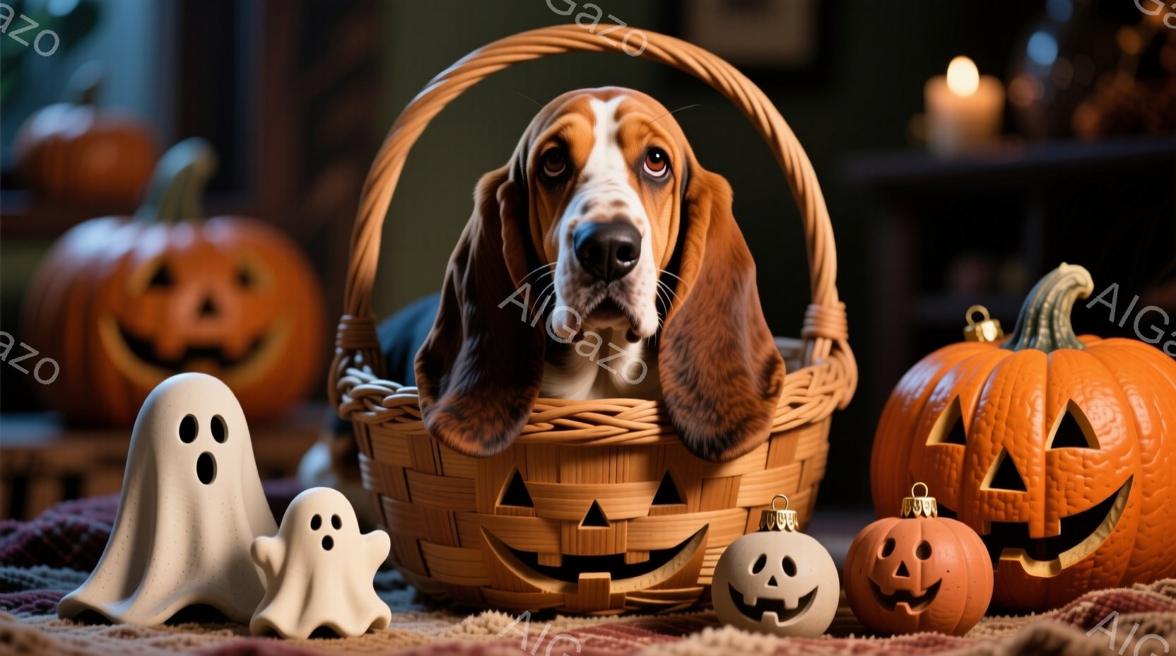オレンジと白の毛並みを持つ、垂れ耳の犬が、ハロウィーン風の籠の中に座っています。籠の周りには、様々な大きさのジャック・オ・ランタンや幽霊の置物が配置され、全体的に温かく、お祝いの雰囲気が漂っています。 - AI生成フリー素材