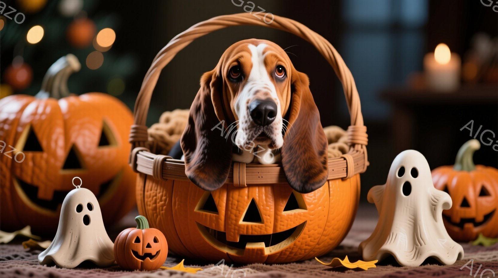 大きなオレンジ色のハロウィンカボチャのバスケットに、垂れ耳の犬が顔を出しています。カボチャの周りには、白いお化けの置物や小さなカボチャが散りばめられており、背景にはぼやけたオレンジ色の光が灯っています。 全体的に、温かく楽しいハロウィーンの雰囲気を醸し出しています。