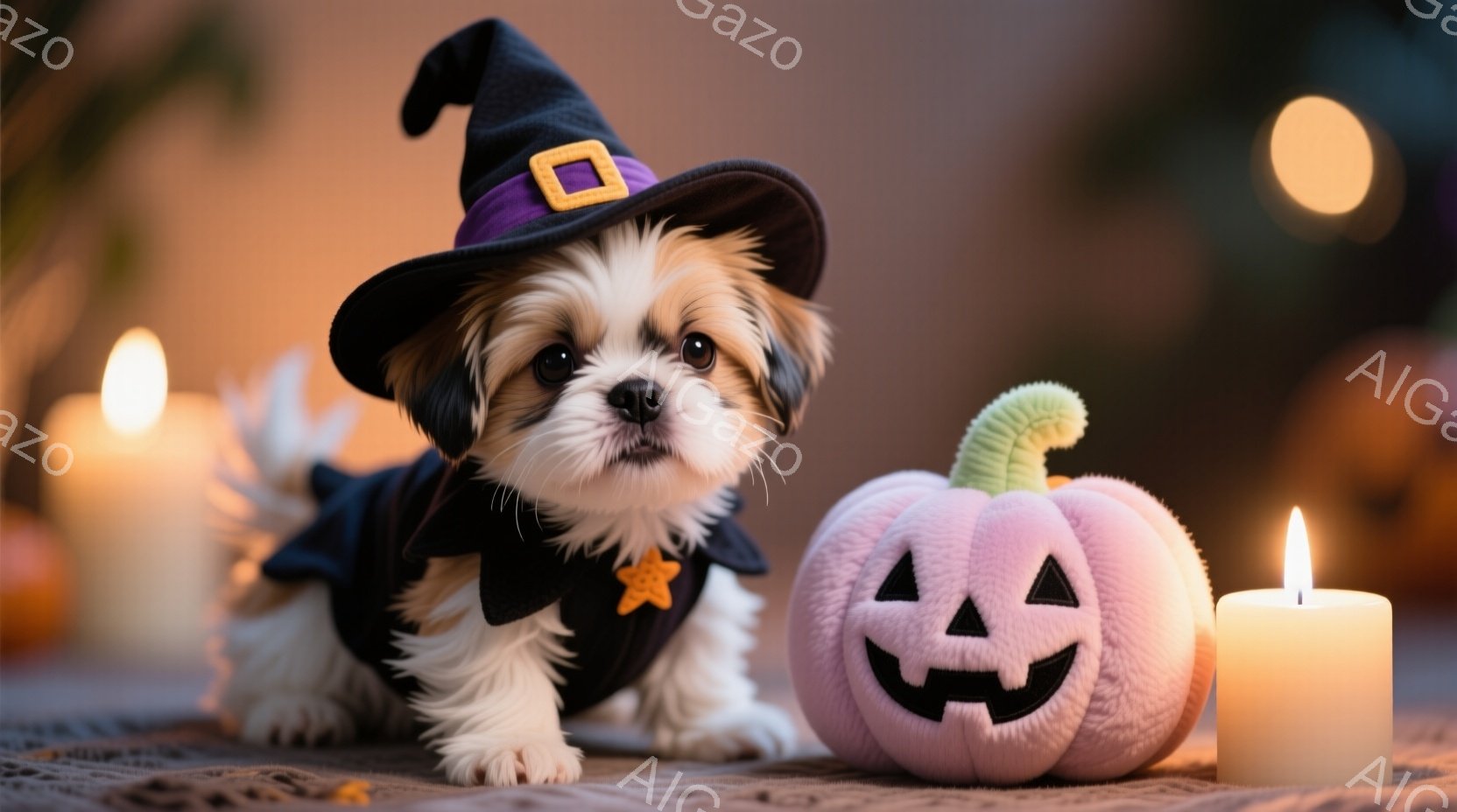 白と茶色の毛並みの子犬が、ハロウィーンらしい黒い帽子と衣装を着て、おもちゃのジャック・オー・ランタンのそばにうずくまっている。子犬は前足を伸ばし、少し上目遣いでこちらを見ている様子は可愛らしい。背景に - AI生成フリー素材