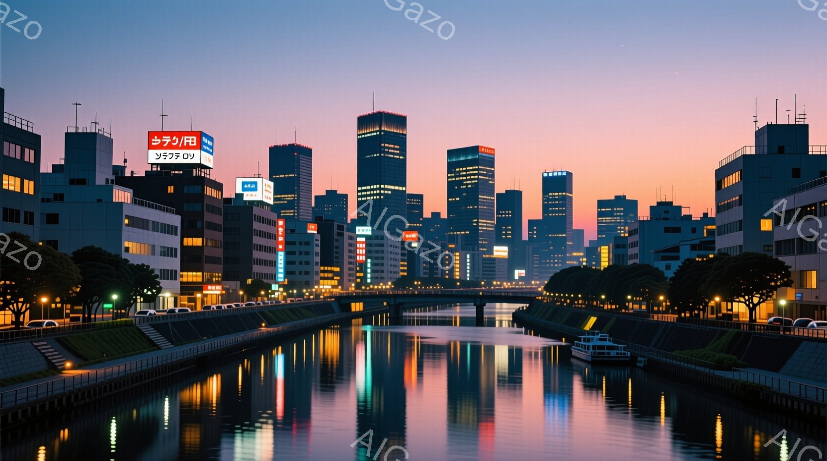 夜明けまたは夕暮れ時の都市の風景を描いています。運河が建物の明かりを映し出し、水面に鮮やかな反射を作り出しています。高層ビル群が背景にそびえ立ち、遠くには夕焼けの空が広がっており、穏やかで幻想的な雰囲気が漂っています。