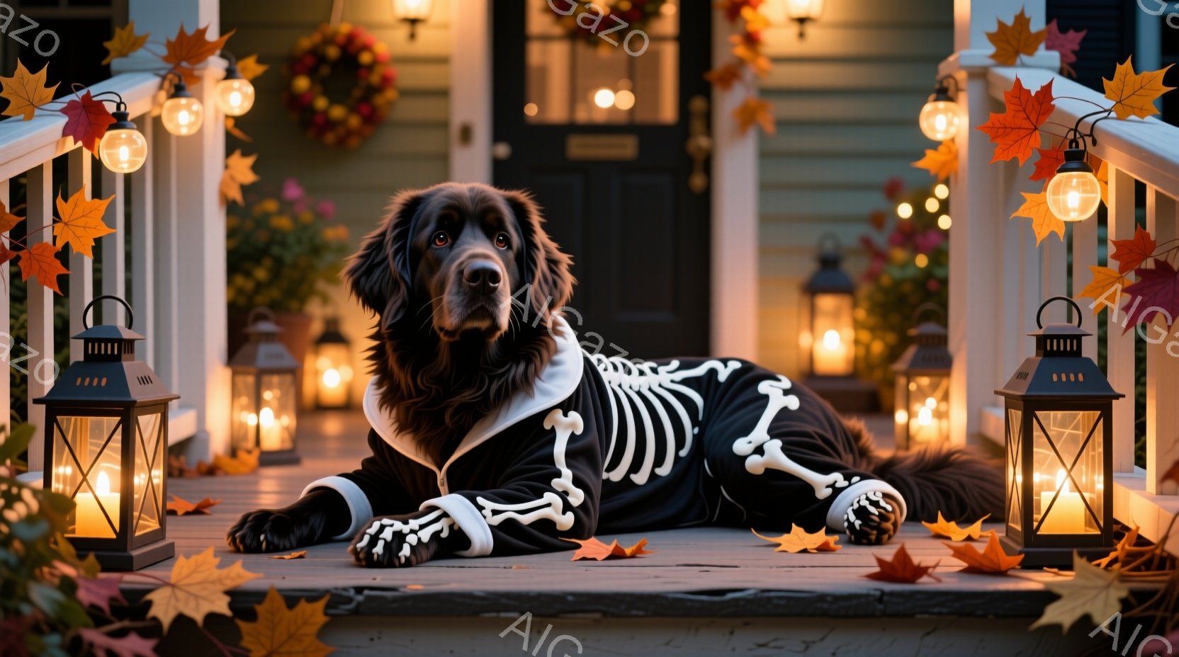 深い茶色の毛並みを持つ大型犬が、白い骸骨模様のコスチュームを着て、家のポーチの階段に横たわっています。周りにはオレンジ色の葉が散りばめられ、点灯したランタンがハロウィーンの雰囲気を高めています。背景には、花輪の飾られた玄関と、ぼんやりと見える家の外観が見え、秋の穏やかで暖かい夜を思わせます。