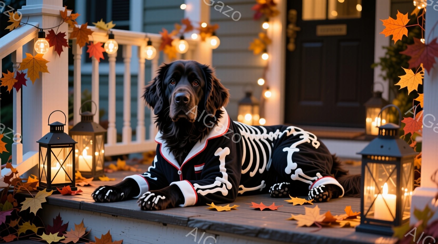 長身のグレイハウンドが、ハロウィーンの遊園地を疾走している。背中には黒い蝙蝠の羽が取り付けられ、体にフィットしたハーネスを着用している。背景には、カラフルなイルミネーションで飾られた屋台や観覧車が並び、地面には落ち葉と彫刻されたカボチャが点在し、賑やかで幻想的な雰囲気を醸し出している。