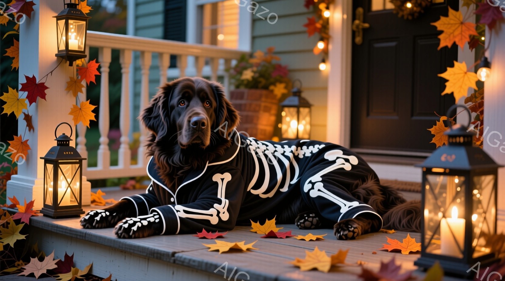 濃い茶色の犬がハロウィーンの骸骨のコスチュームを着て、家の玄関ポーチの階段に横たわっています。周りには落ち葉が散らばり、背景には点灯したランタンが並び、秋らしい温かく幻想的な雰囲気を作り出しています。犬はリラックスした表情で、まるでハロウィーンの準備を楽しんでいるようです。