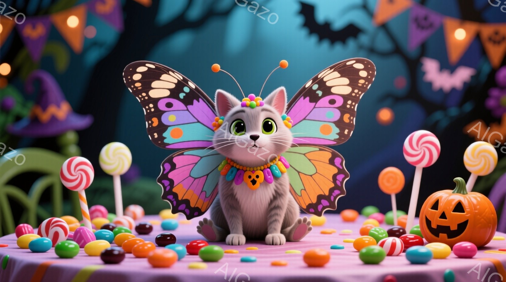 白灰色の猫が、カラフルな蝶の羽とビーズのネックレスをつけて座っています。背景には、ハロウィーンの装飾、キャンディー、そしてオレンジ色のジャック・オ・ランタンが見え、全体的に明るくお祭り騒ぎのような雰囲気です。この猫は可愛らしく、楽しげな表情で、まるでハロウィーンパーティーの中心にいるかのようです。