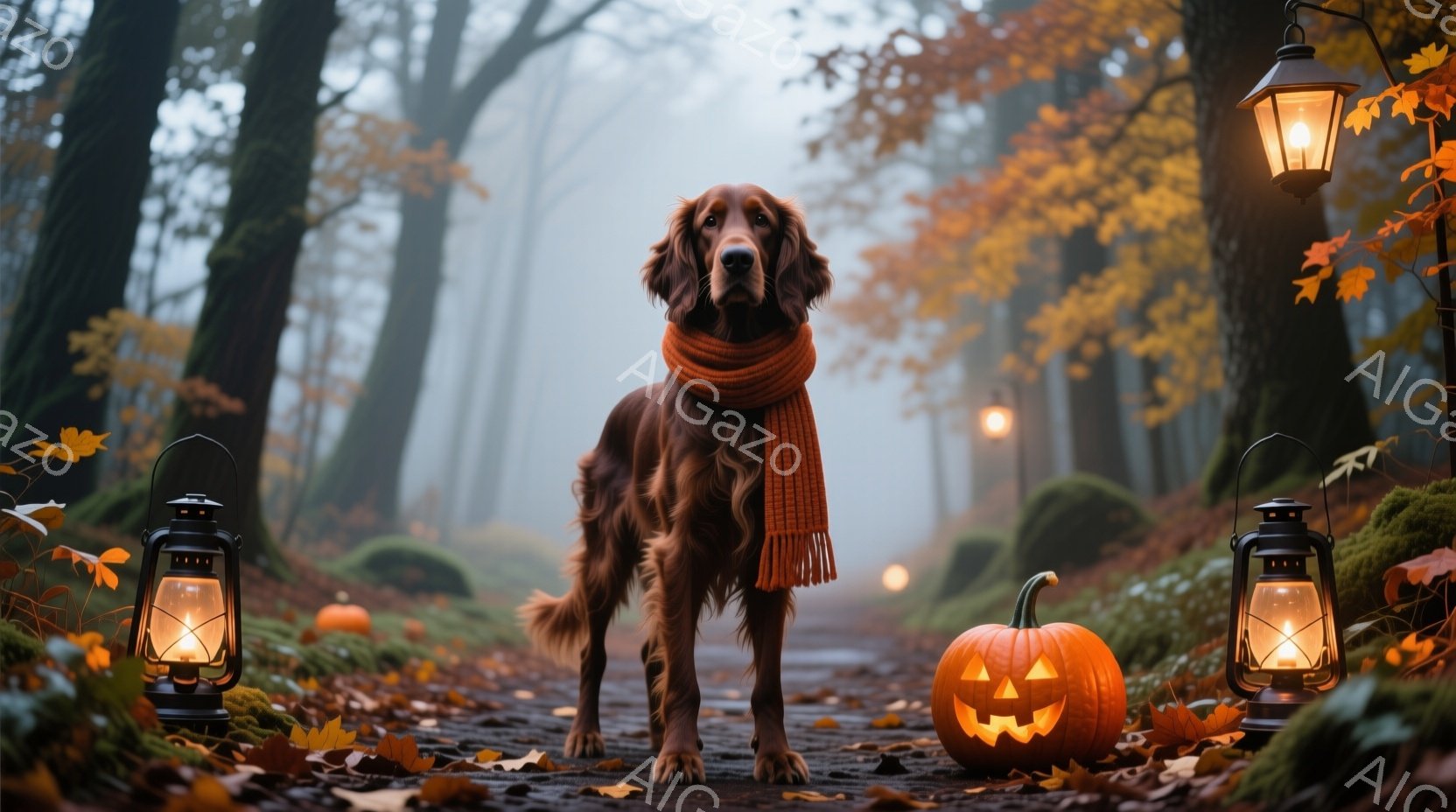 鮮やかなオレンジ色のスカーフを首に巻いた、毛並みの美しい茶色の犬が、落ち葉が散らばる森の小道の中央に立っている。背景には、ハロウィーンのランタンと彫刻が施されたカボチャが置かれ、霧が立ち込める中、薄暗 - AI生成フリー素材