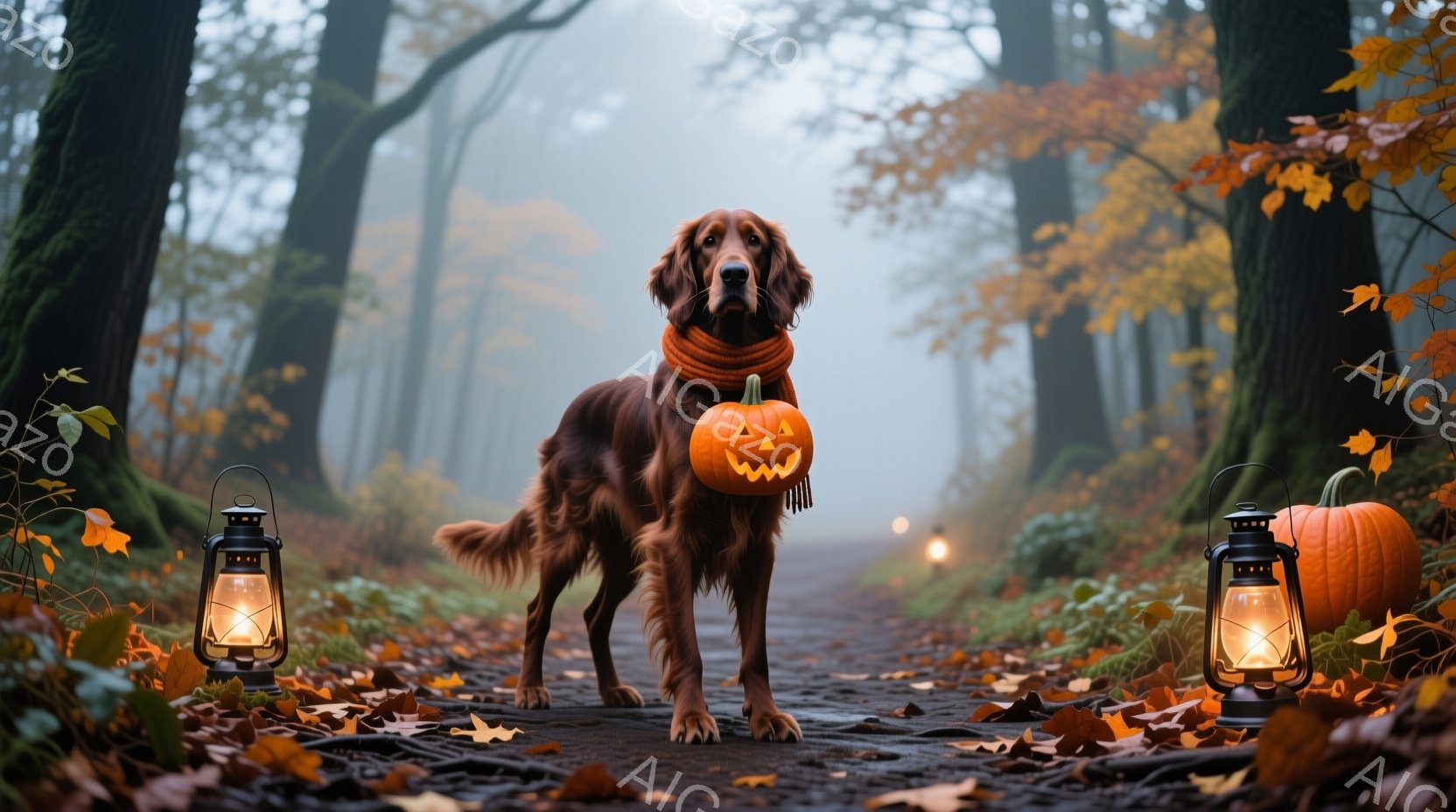 赤毛の犬がハロウィーンの飾りであるくり抜かれたカボチャを首に巻いて、落ち葉が敷き詰められた森の小道の中央で正面を向いて立っている。背景には霧が立ち込め、カボチャとランタンが点在し、秋の雰囲気とハロウィ - AI生成フリー素材