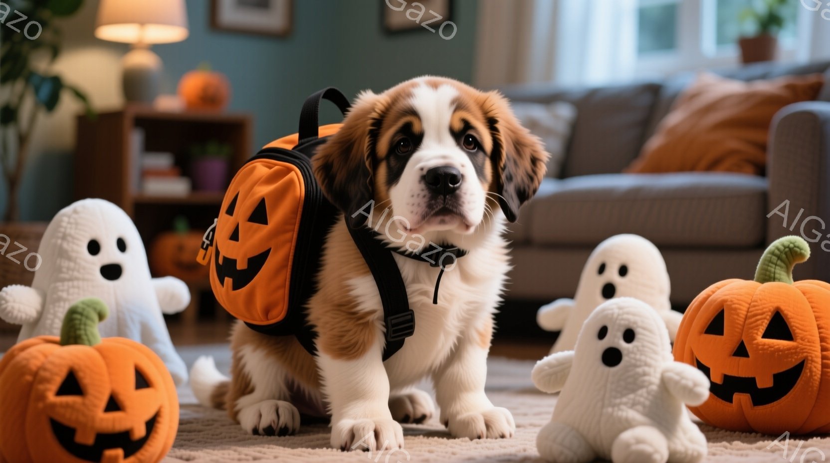 茶色と白の毛並みの可愛い子犬が、ハロウィーンの柄のオレンジ色のリュックサックを背負って座っています。周りには、可愛らしいゴーストのぬいぐるみと、ジャック・オー・ランタンの形の大きなぬいぐるみたちが置か - AI生成フリー素材