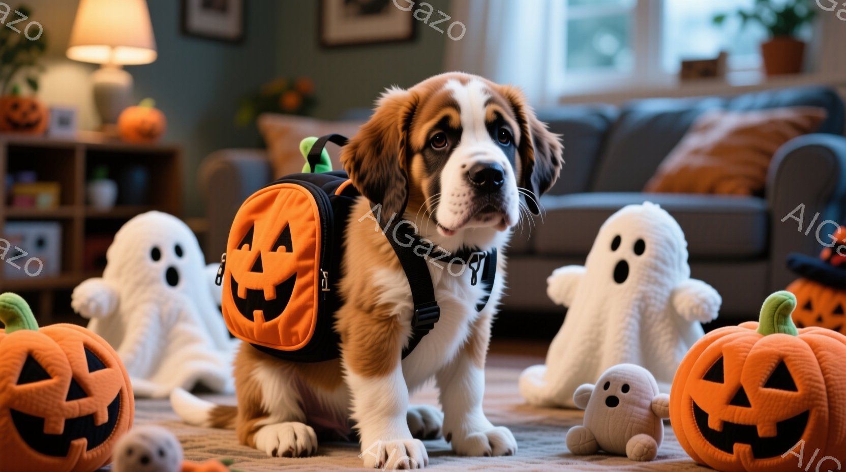 鮮やかなオレンジ色のカボチャのバックパックを背負った、愛らしいセント・バーナードの子犬が座っています。周りには、ふわふわの白い幽霊のぬいぐるみと、笑顔のカボチャの置物が置かれ、ハロウィーンの雰囲気を盛 - AI生成フリー素材