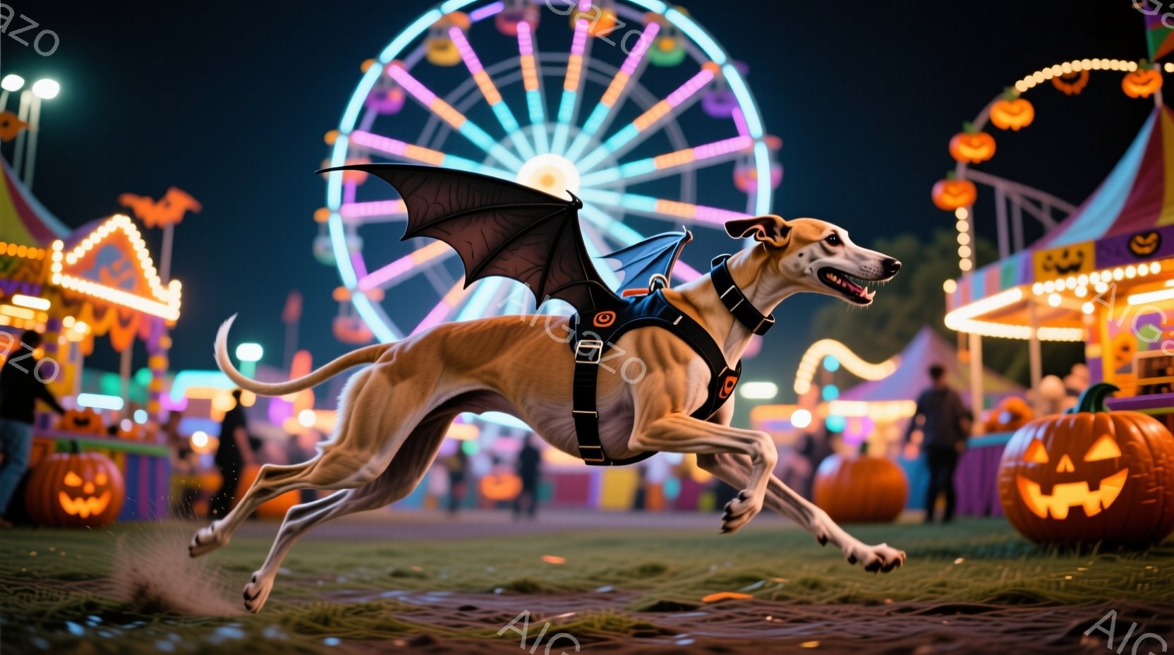 長身のグレイハウンドが、ハロウィーンの遊園地で走り抜けている。黒い羽根とハーネスを身につけ、まるで空を飛ぶように躍動感のある姿だ。背景には、カラフルなイルミネーションが輝く観覧車や、ジャック・オー・ランタンが並び、お祭り騒ぎの賑やかさが感じられる。