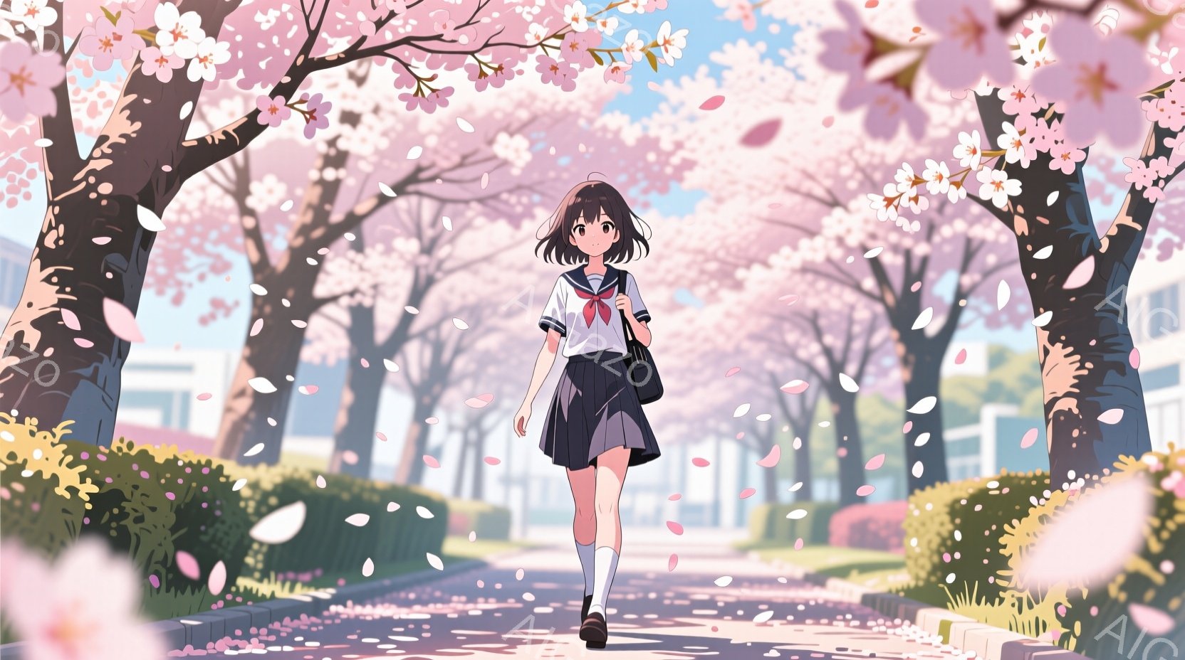 桜並木の中を歩く女子高生が描かれています。彼女は白いブラウスにチェックのスカート、赤いリボンを身につけ、肩に黒いバッグをかけています。桜の花びらが舞い散る明るい日差しの中、少し微笑んでいるように見え、 - AI生成フリー素材