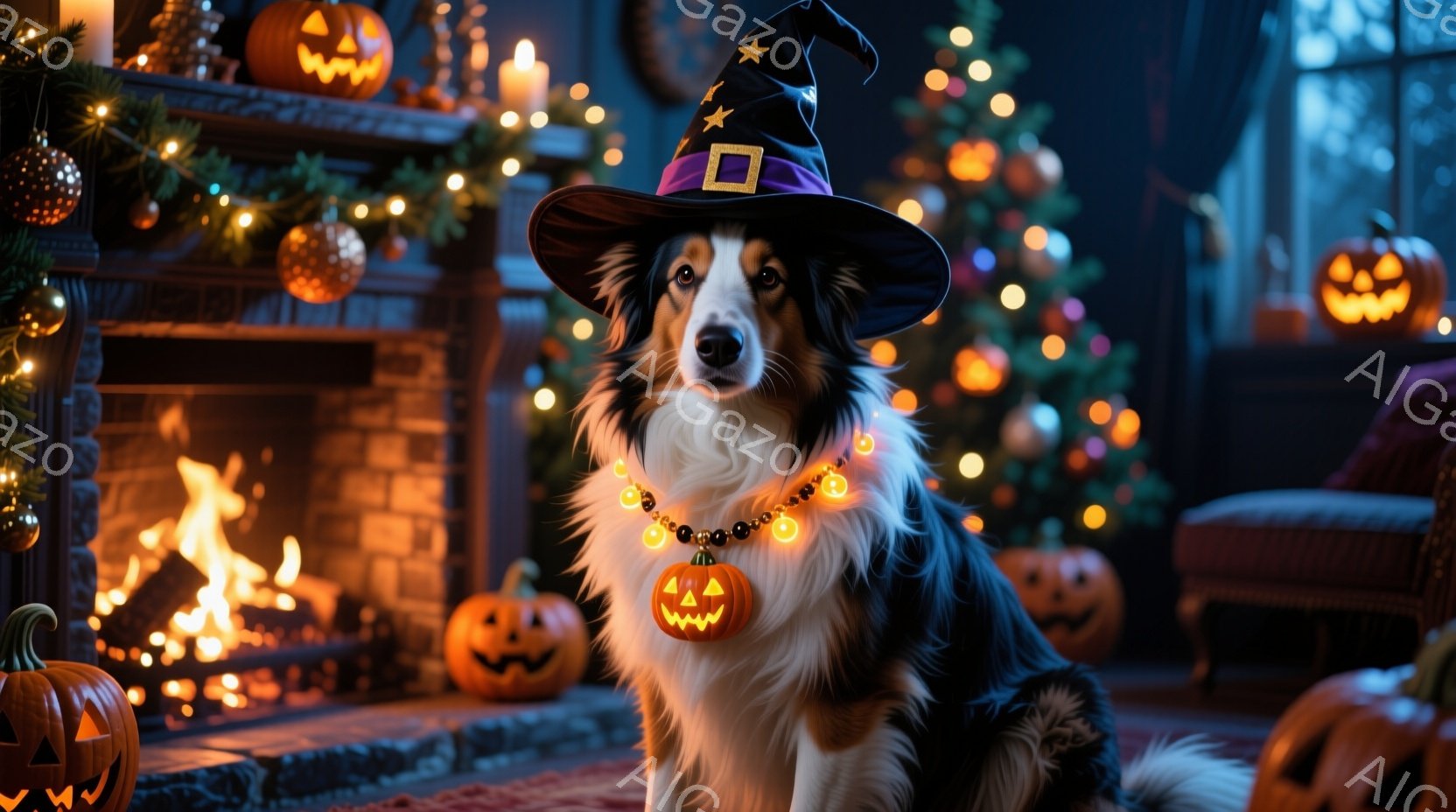 暖炉の前に座っているボーダーコリーが描かれています。ハロウィーン用の魔女帽子をかぶり、カボチャの飾りが付いた光る首輪をつけており、少しいたずらっぽい表情を浮かべています。背景には、たくさんのカボチャの - AI生成フリー素材