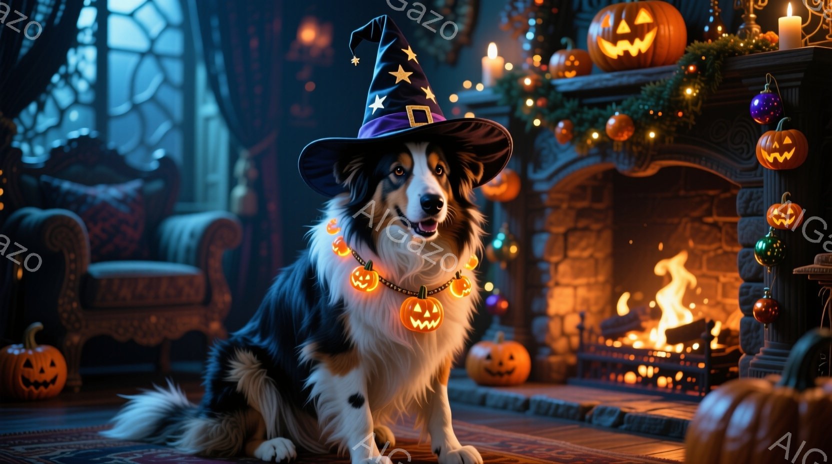 黒と白のボーダーコリーが、ハロウィーンをテーマにした装飾が施された室内で座っています。紫色の魔女帽子をかぶり、オレンジ色のカボチャの模様が入った首輪をつけており、正面を見つめて穏やかな表情を浮かべてい - AI生成フリー素材