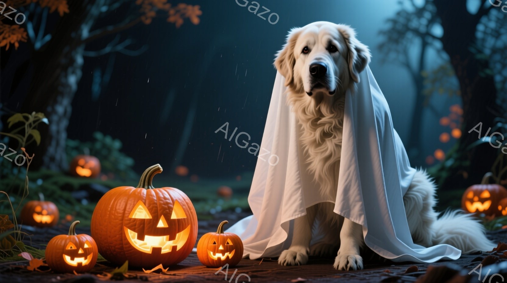ゴールデンレトリバーが白い布をまとい、ハロウィーンの夜に座っている。周囲には、ジャック・オ・ランタンが灯され、暗い森の中の土の上に並んでいる。全体的に、少し不気味でありながらも愛らしい、お祭り気分満載 - AI生成フリー素材