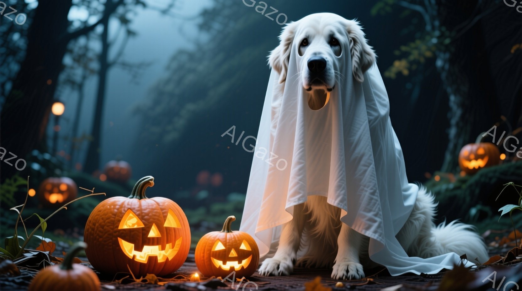 白い毛並みの犬がハロウィーンの仮装をして、白い布を羽織っています。背景には、様々な大きさのジャック・オー・ランタンが配置され、薄暗い森の中の不気味で幻想的な雰囲気を醸し出しています。犬は落ち着いた表情 - AI生成フリー素材