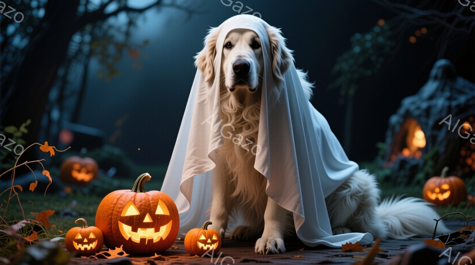 白い毛並みの大型犬が、ハロウィーンの仮装として白い布を羽織り、座ってこちらを見ている。背景には、オレンジ色に光るジャック・オ・ランタンがいくつか配置され、暗い森と不気味な影が広がり、ハロウィーンの夜の雰囲気を作り出している。全体的に、暖かく、少し不気味で、遊び心のある秋の夜の光景が表現されている。