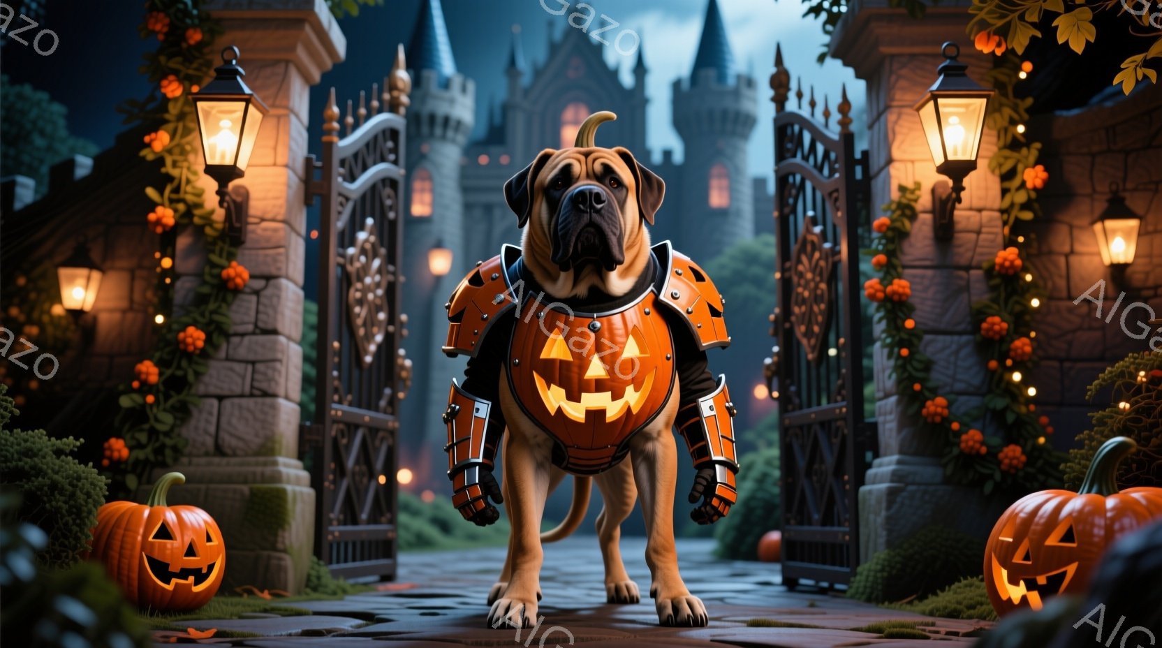 真夜中の静かな庭に、シベリアンハスキーが立っている。首輪をつけており、片方の前足で古いランタンを持っている。背景には伝統的な様式の家と満月が浮かび、周囲は木の影とぼんやりと光る提灯で飾られ、幻想的な雰囲気を醸し出している。