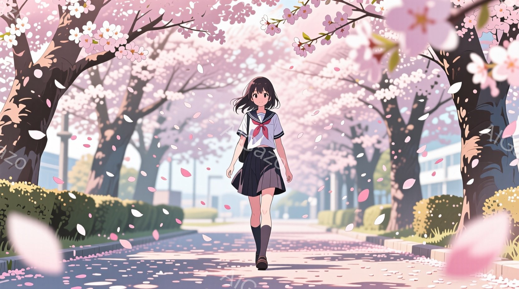 制服を着た少女が、桜の花びらが舞う道を歩いている。彼女は黒髪で、少し微笑んでいるように見え、スカートと膝下までの靴下を履いている。背景には桜並木が続き、遠くに建物が見え、春の穏やかで美しい雰囲気が漂っ - AI生成フリー素材