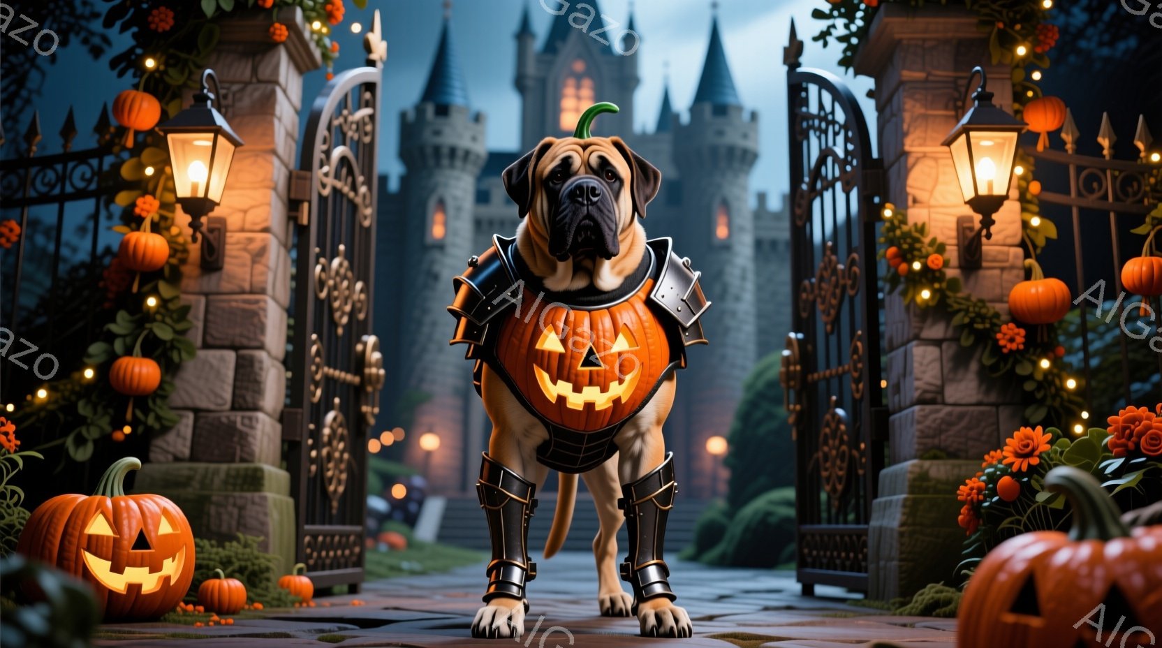 大きなドッグがハロウィーンの衣装を着て正面を向いて立っています。その衣装はカボチャの顔を模した胴体と、騎士のような鎧の脚部で構成されています。背景には、城のような建物と装飾された門、そしてたくさんのカ - AI生成フリー素材
