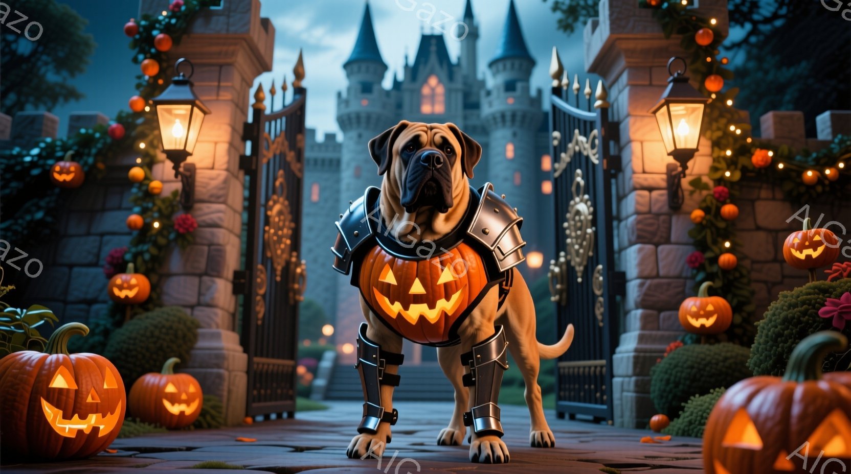 大きな犬がハロウィーンの仮装をして、中世風の城門の前で立っている。犬はオレンジ色のカボチャの模様が描かれたベストと、脚に装着された鎧のようなプロテクターをつけている。背景には、緑の茂みや光るカボチャの - AI生成フリー素材