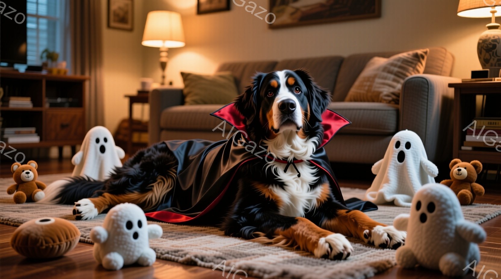 黒と茶色の毛並みの大きな犬が、ハロウィーン用の赤いマントと襟を付けて床に横たわっています。周りには白い幽霊のぬいぐるみがいくつか、そしてオレンジ色のカボチャの置物が置かれています。背景には、ベージュ色 - AI生成フリー素材