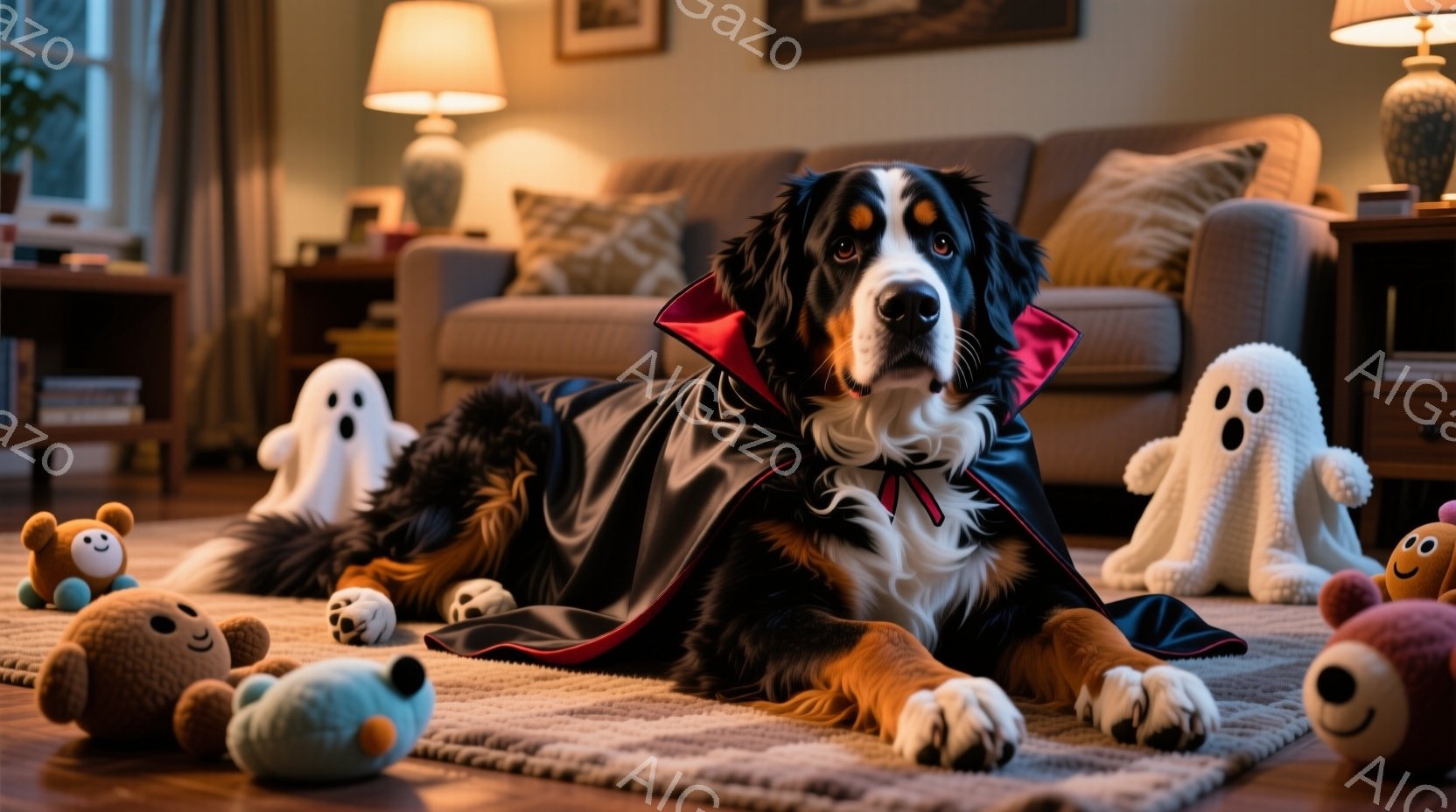大きなベルン山犬がハロウィーンの衣装である黒いマントを身に着けてカーペットの上に横たわっています。その表情は穏やかで、カメラに向かってわずかに顔を傾けています。背景には、白いお化けのぬいぐるみと茶色いクマのぬいぐるみが置かれ、柔らかな照明の下、居心地の良いリビングルームの様子が伺えます。