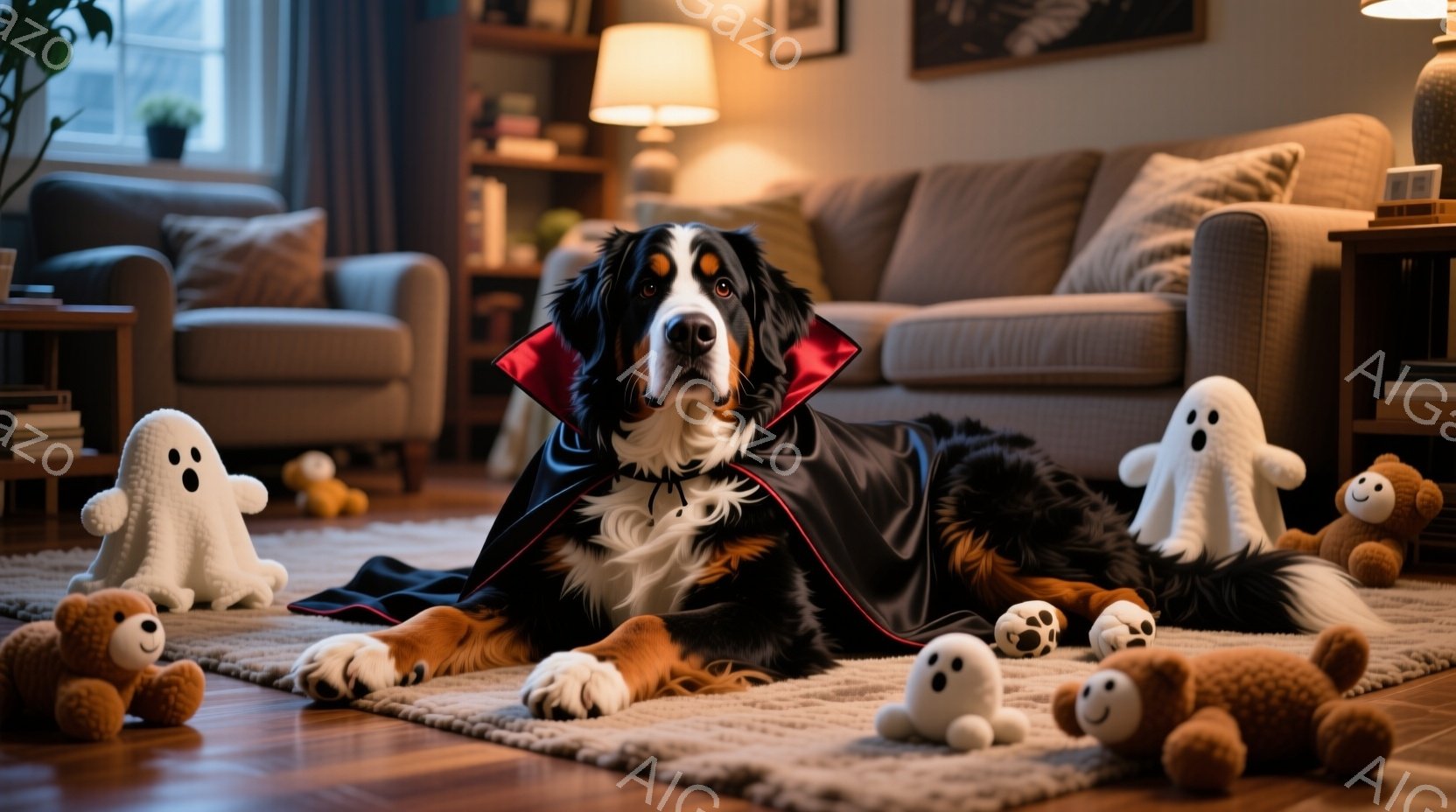 広々としたリビングルームの中央で、ベルン山犬が黒いマントを羽織り、床に横たわっています。その周りには、白い幽霊のぬいぐるみやクマのぬいぐるみがあり、ハロウィーンの雰囲気を感じさせます。犬はカメラ目線で、穏やかで少しユーモラスな表情を浮かべており、全体的に温かく居心地の良い雰囲気です。