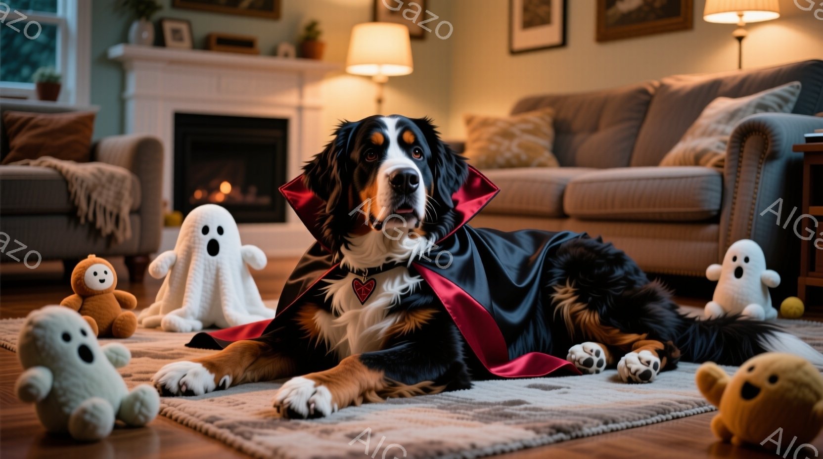 黒と白、茶色の毛並みを持つ大型犬が、赤いマントと首輪をつけて床に横たわっています。犬は少し上目遣いで、穏やかでリラックスした表情をしています。背景には、暖炉のあるリビングルームがあり、白いお化けのぬいぐるみやカボチャのぬいぐるみなどが配置され、ハロウィーンの雰囲気を醸し出しています。