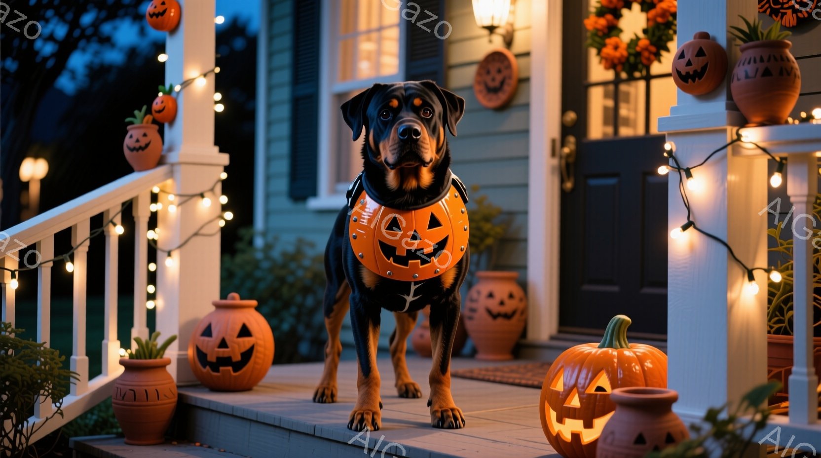 黒い毛並みのドーベルマンが、ハロウィーンをテーマにしたオレンジ色のカボチャの衣装を着て、家のポーチの階段に立っています。背景には、カボチャのランタンが飾られた植木鉢や、ハロウィーンの装飾が施された玄関ドアが見え、温かくお祝いの雰囲気が漂っています。夜間の穏やかな光が、秋のハロウィーンの季節を象徴する心地よい雰囲気を作り出しています。