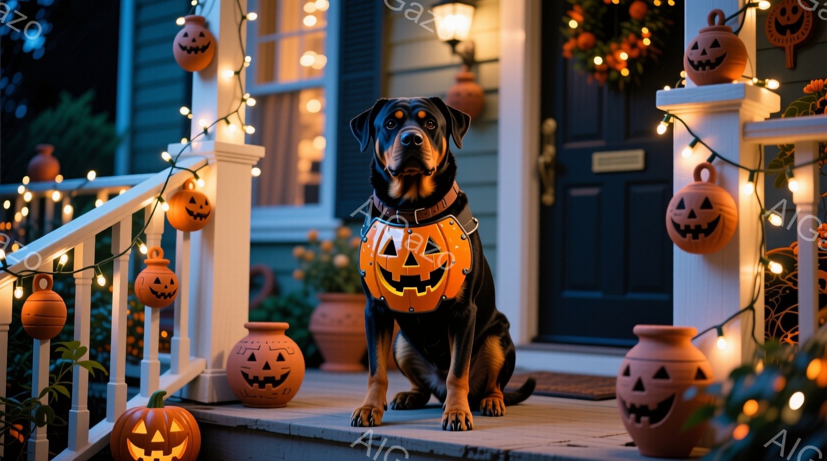 黒い毛並みの犬が、ハロウィーンの装飾が施された家のポーチに座っています。犬はカボチャの形の光るベストを着ており、正面をまっすぐ見つめています。背景には、カボチャの形のランタンが吊るされ、ポーチの周りに - AI生成フリー素材