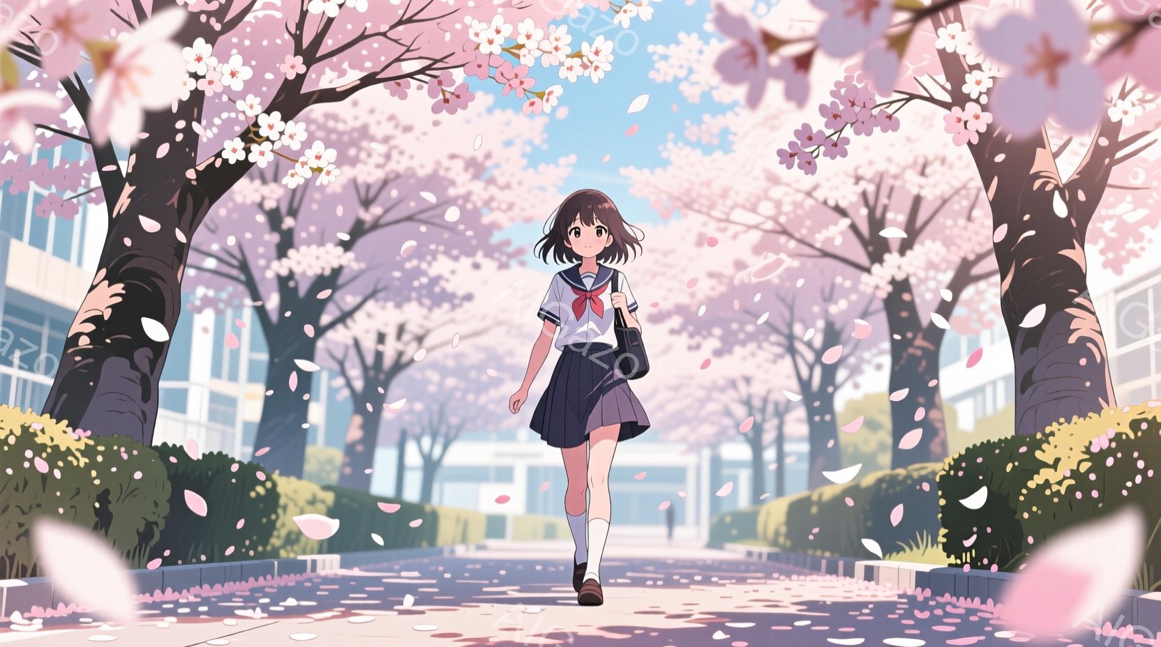 短い茶色の髪にリボンをつけている少女が、制服姿で桜並木の中を歩いている。彼女は膝丈のスカートと白いハイソックスを履いており、肩にかかる茶色の髪が風に揺れている。背景には、桜の花びらが舞い散る学校の建物 - AI生成フリー素材