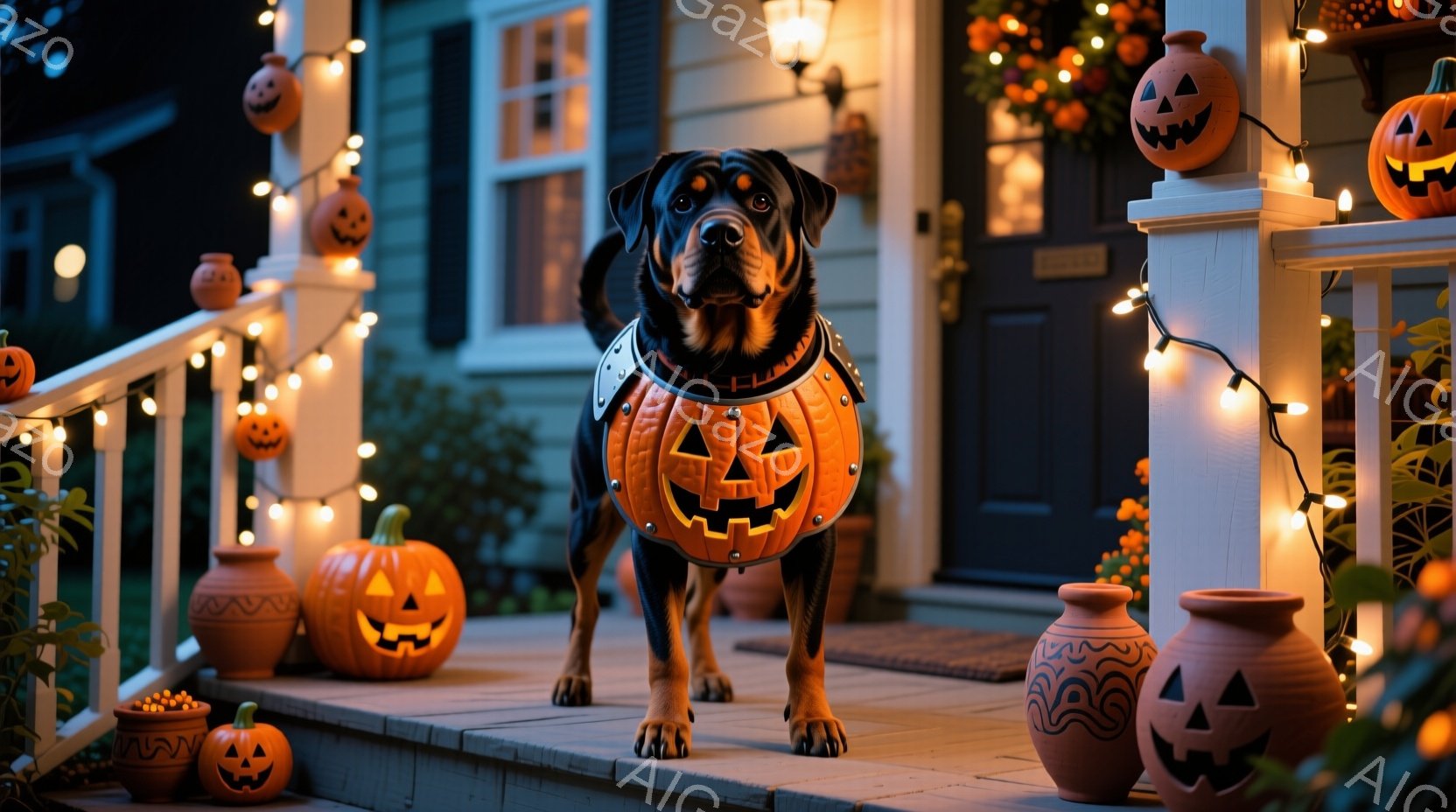 黒い毛並みのドーベルマンが、ハロウィーンのランタン風の衣装を着て、家の玄関前に立っています。背景には、オレンジ色の光を放つカボチャのランタンや、飾り付けられたプランターが並び、ハロウィーンの雰囲気が漂 - AI生成フリー素材