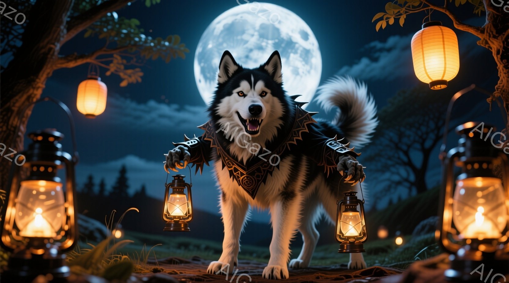 真夜中の森の中で、シベリアンハスキーが装飾された鎧を着て立っており、両手に提灯を持っています。月明かりに照らされた背景には、ぼんやりと見える木々が広がっており、神秘的で幻想的な雰囲気を作り出しています - AI生成フリー素材