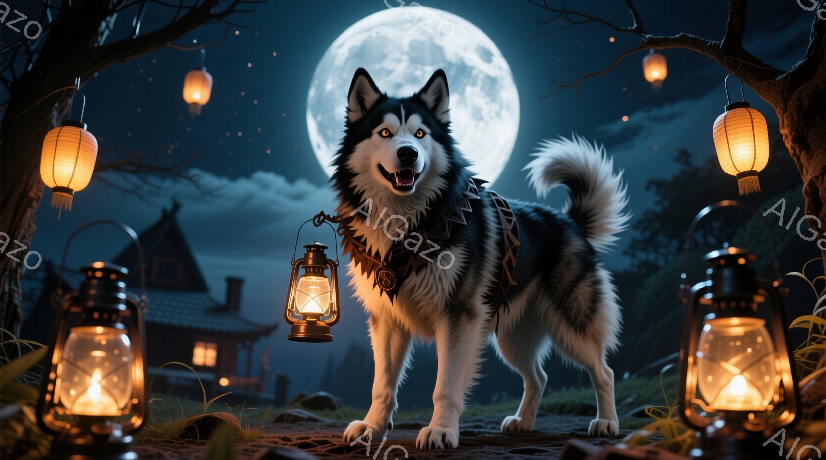 シベリアンハスキーが、提灯のようなランタンを首輪に装着し、夜の庭に立っている。満月が背景に輝き、庭には日本風の建物が見え、全体的に幻想的で神秘的な雰囲気を醸し出している。犬は口を開けて嬉しそうに微笑んでおり、その表情と背景が合わさって、物語性のあるシーンを作り出している。