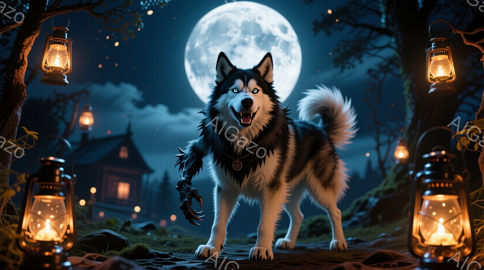 シベリアンハスキーが月明かりの下、庭に立っている。首輪には銀色のペンダントがついており、片方の前足は骨ばったロボットアームに置き換えられている。背景には、ライトが点いている古い家と、暗い森、そして明るい満月が見える。