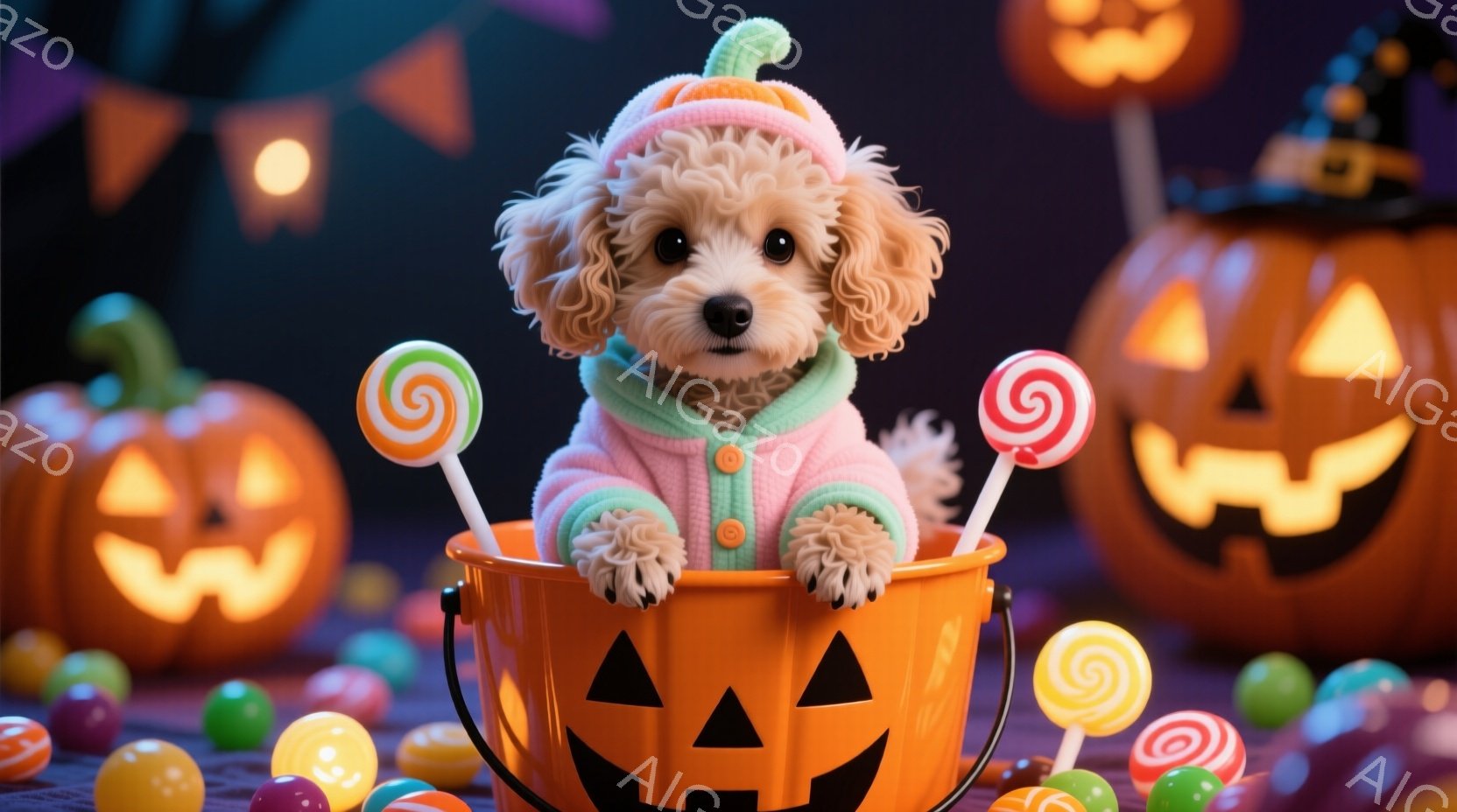 巻き毛の白い子犬が、かぼちゃの形をしたオレンジ色のバケツの中に座っています。子犬はピンクとミントグリーンの衣装を着ており、頭には同じ色の帽子をかぶっています。背景には、様々な色のキャンディーが散らばり、かぼちゃのランタンがぼんやりと光っています。