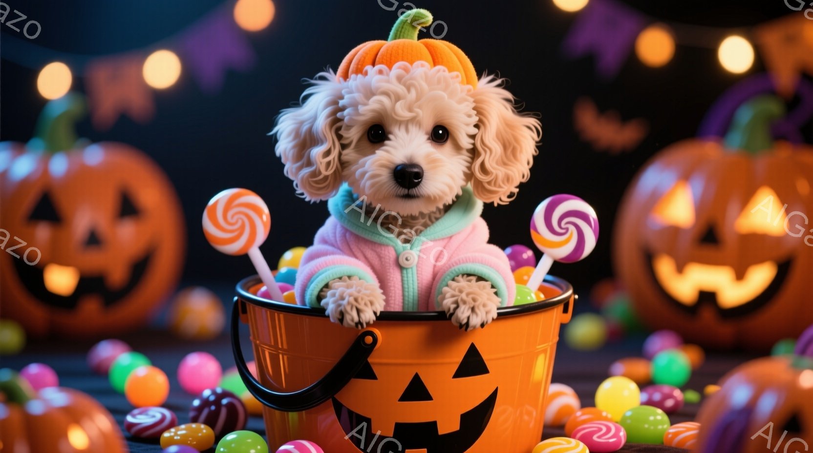 ふわふわの白い犬が、ハロウィーンの装飾がされたオレンジ色のバケツの中に座っています。犬はピンク色のパーカーを着ており、頭には小さなカボチャの帽子をかぶっています。背景には、さまざまなカラフルなキャンデ - AI生成フリー素材