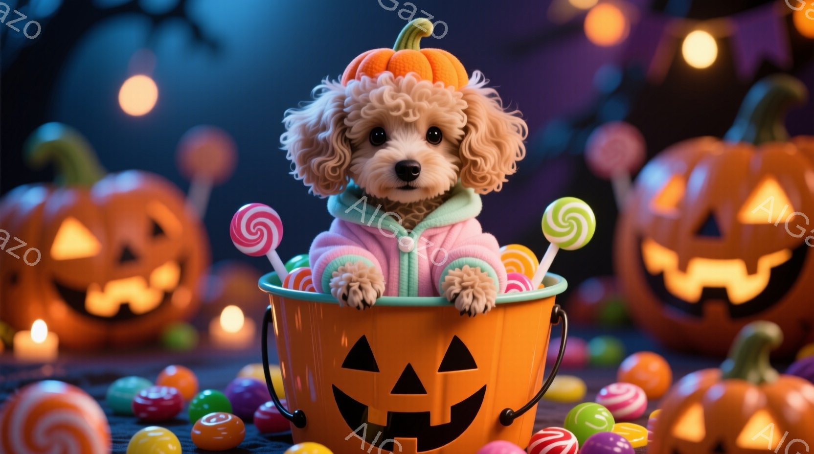 ふわふわの白い毛並みを持つ子犬が、ハロウィーンの絵柄が描かれたオレンジ色のバケツの中に座っています。子犬は、ピンク色の衣装を着ており、頭には小さなカボチャの帽子をかぶっています。背景には、さまざまなカ - AI生成フリー素材