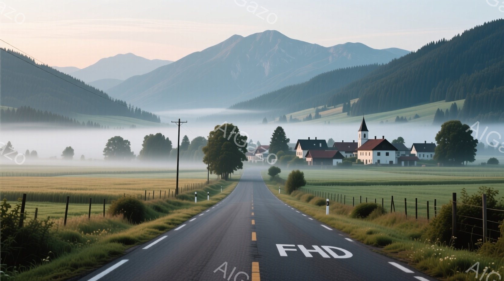 舗装された道路が、朝霧に包まれた緑豊かな丘陵地帯へと伸びています。遠くには、小さな村が点在し、教会の尖塔がそびえ立っています。全体的に、穏やかで静謐な、平和な田園風景が広がっています。
