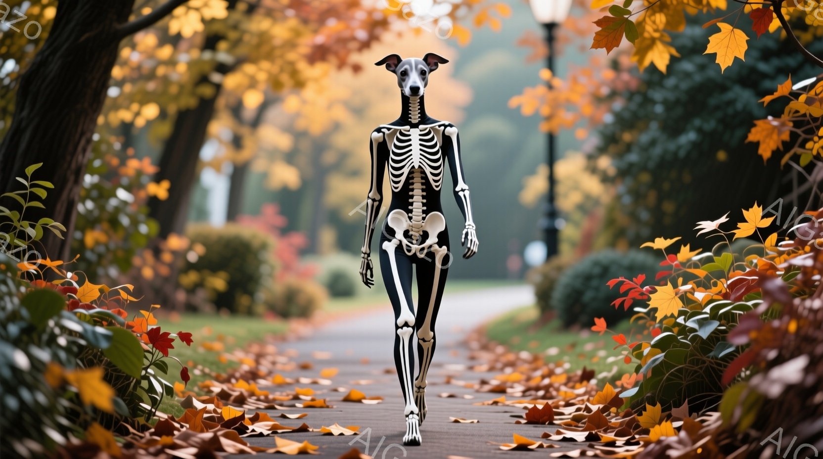 道を歩いている女性が描かれています。彼女はハロウィーンの衣装である骸骨の全身タイツを着ており、細長い脚と独特のシルエットが印象的です。背景は秋の紅葉に染まった道で、鮮やかな赤や黄色の葉が散りばめられ、 - AI生成フリー素材