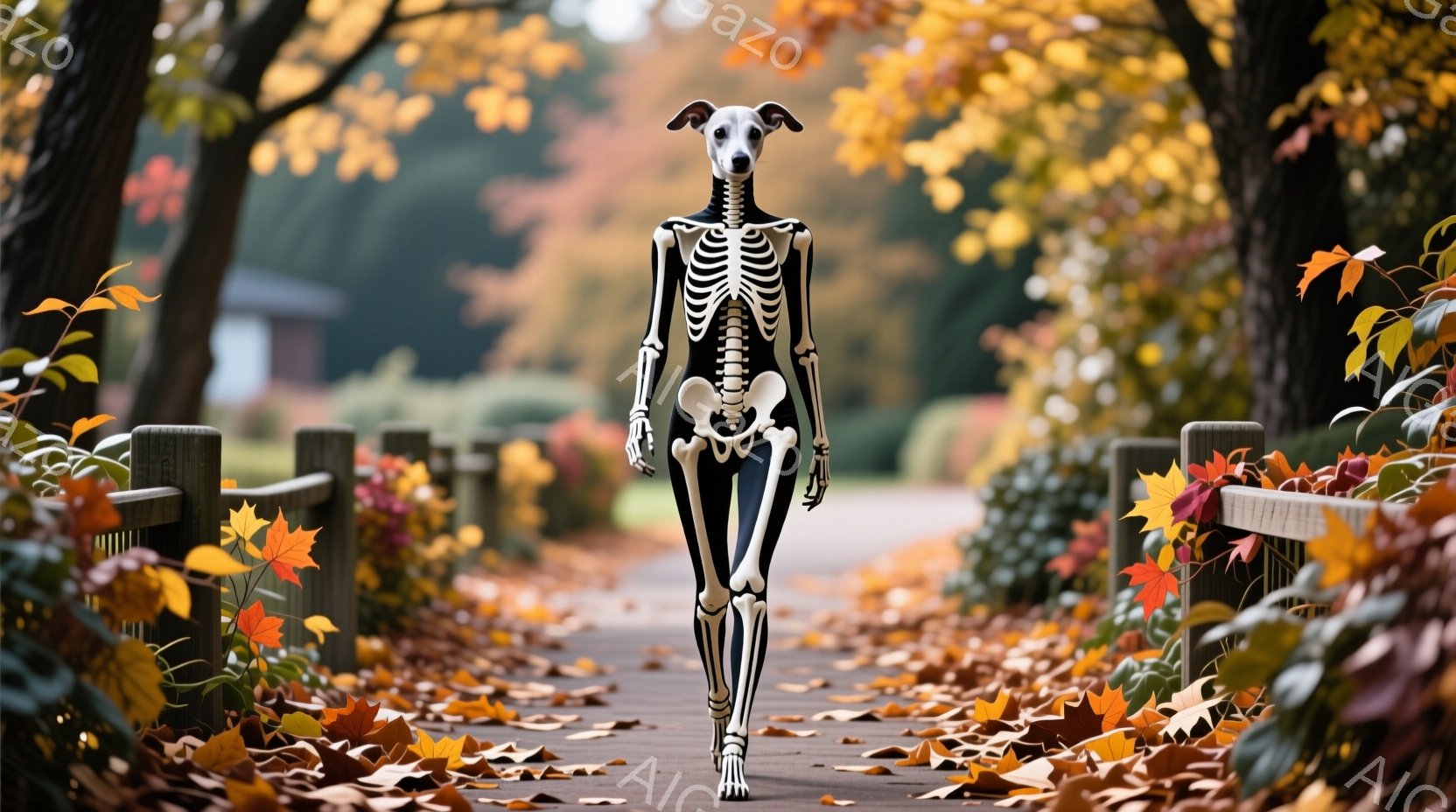 道路の中央を、骸骨の模様が施された黒と白の衣装を着た女性が歩いている。彼女はまっすぐ前を見据え、モデルのような姿勢で、秋の葉が散りばめられた遊歩道を歩いている。背景には鮮やかな紅葉の木々と柵があり、秋 - AI生成フリー素材