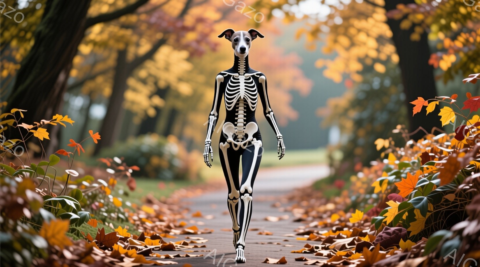 白骨のようなボディペイントを施した女性が、落ち葉が散らばる遊歩道を歩いている。彼女は黒い全身タイツの上に白の骨格模様が描かれており、どこかユーモラスでハロウィーンらしい雰囲気を醸し出している。背景は紅葉した木々が生い茂る公園で、秋の穏やかで色彩豊かな一日が感じられる。