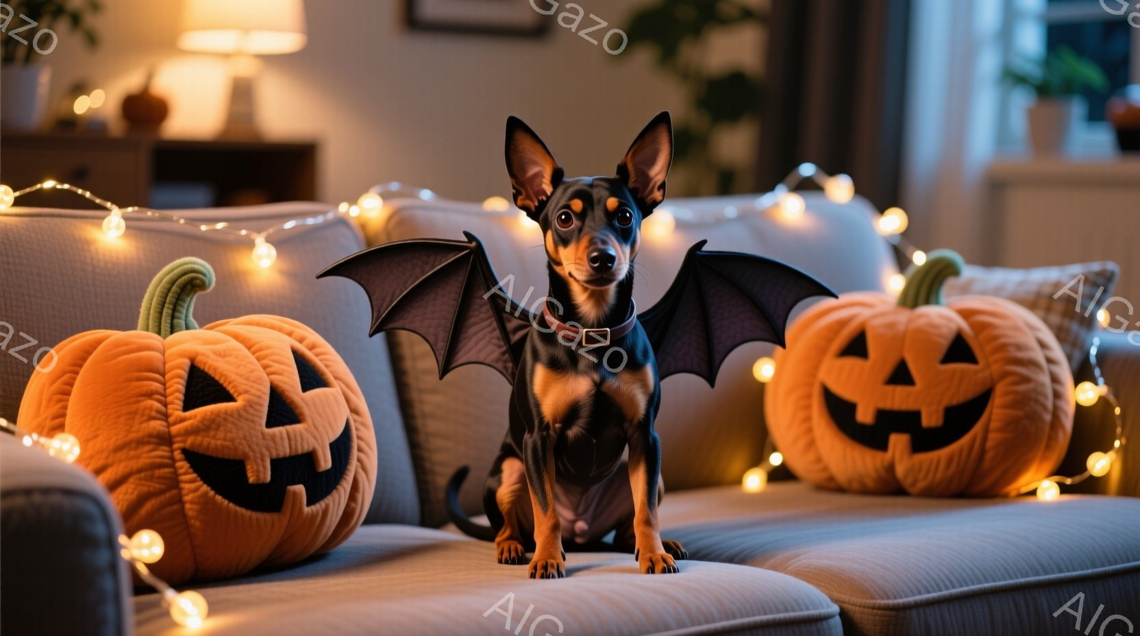 ハロウィーンの装飾が施された城門の前に立つ、鎧を着けたブルドッグを描いています。犬はオレンジ色のジャック・オー・ランタン型の胸当てと、黒い装甲の脚当てを身に着けており、自信を持って正面を見据えています。背景には、ライトアップされたカボチャ、装飾された柱、そして夜空を背景にしたシルエットの城が広がり、不気味でありながらも陽気なハロウィーンの雰囲気を醸し出しています。